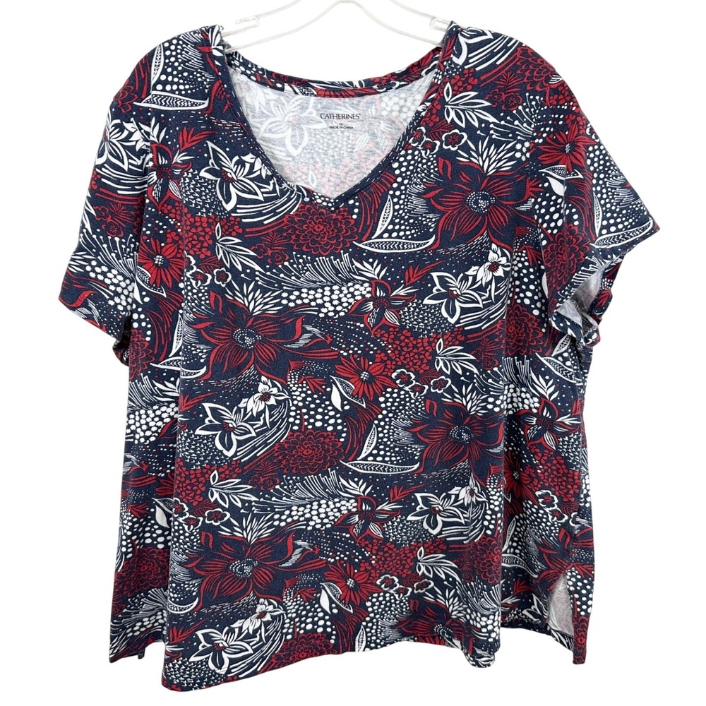 Catherines Plus Size 1X Top Navy Blue Red White Cotton Patriotic USA Casual 1656
